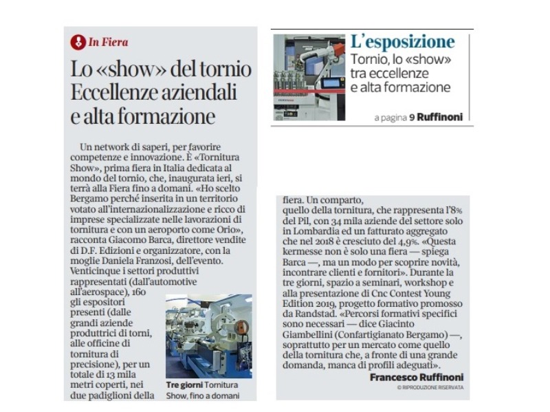 Tornitura Show e' nella pagine dell'Economia del Corriere della Sera.