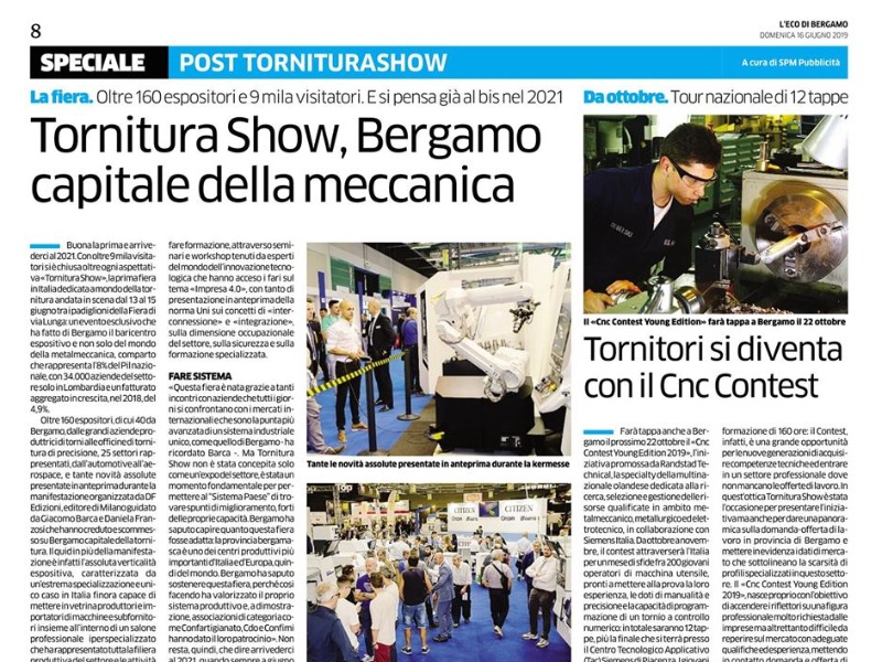 Tornitura Show e', ancora, nella sezione economia dell'Eco di Bergamo.